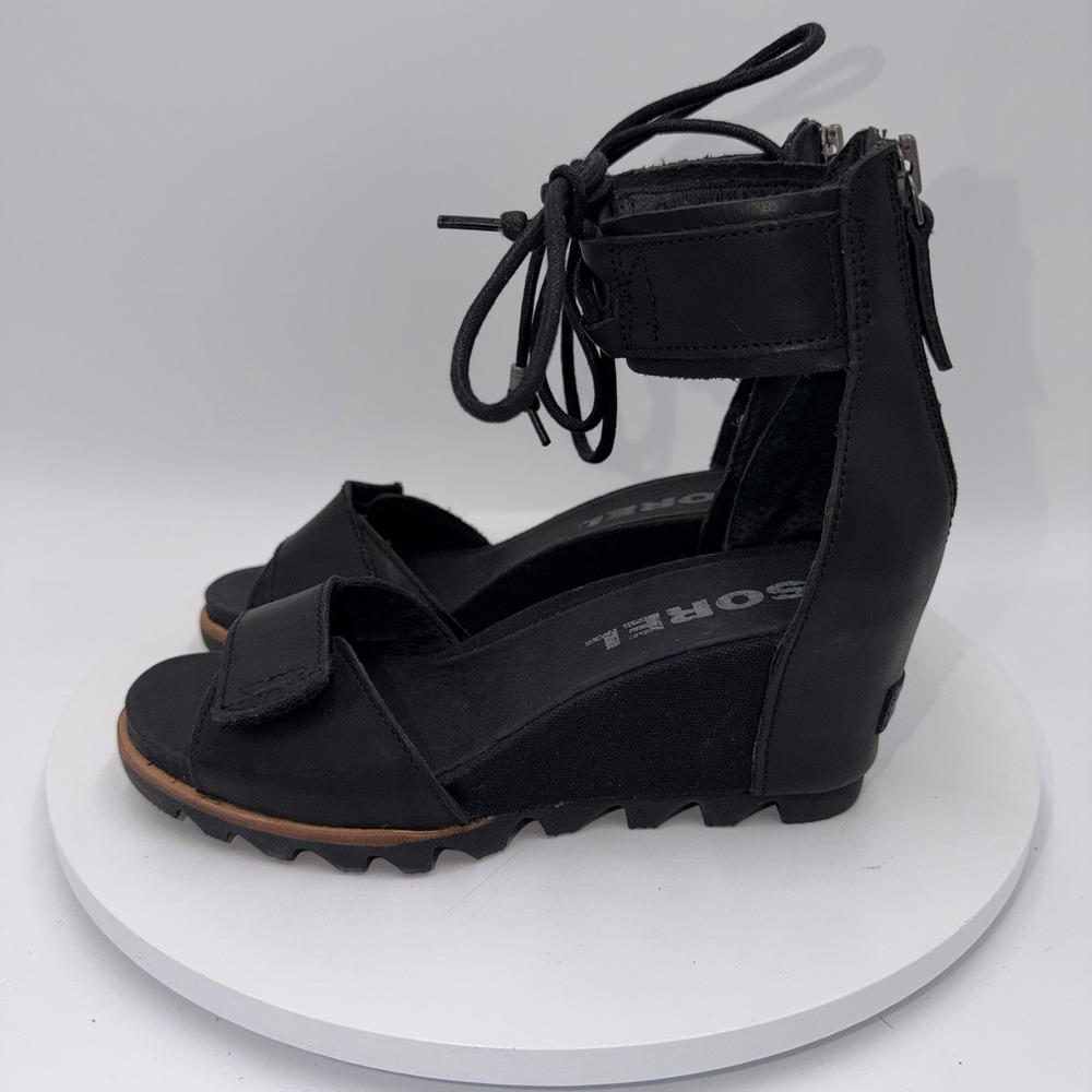 Sorel Joanie Black Leather Ankle Lace Up Wedge Heels Sandals Women's Size 9
